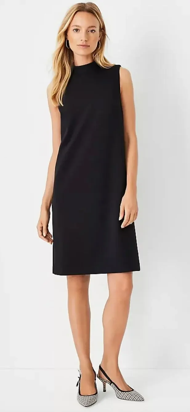 Ann Taylor Sleeveless Mock Neck Shift Dress Double Knit Black Womens Size 6 New